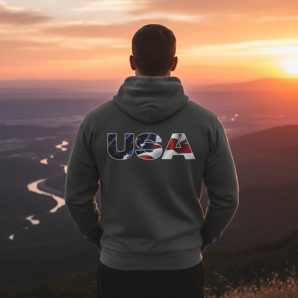 Person wearing a hoodie with 'USA' on the back, standing against a sunset landscape.