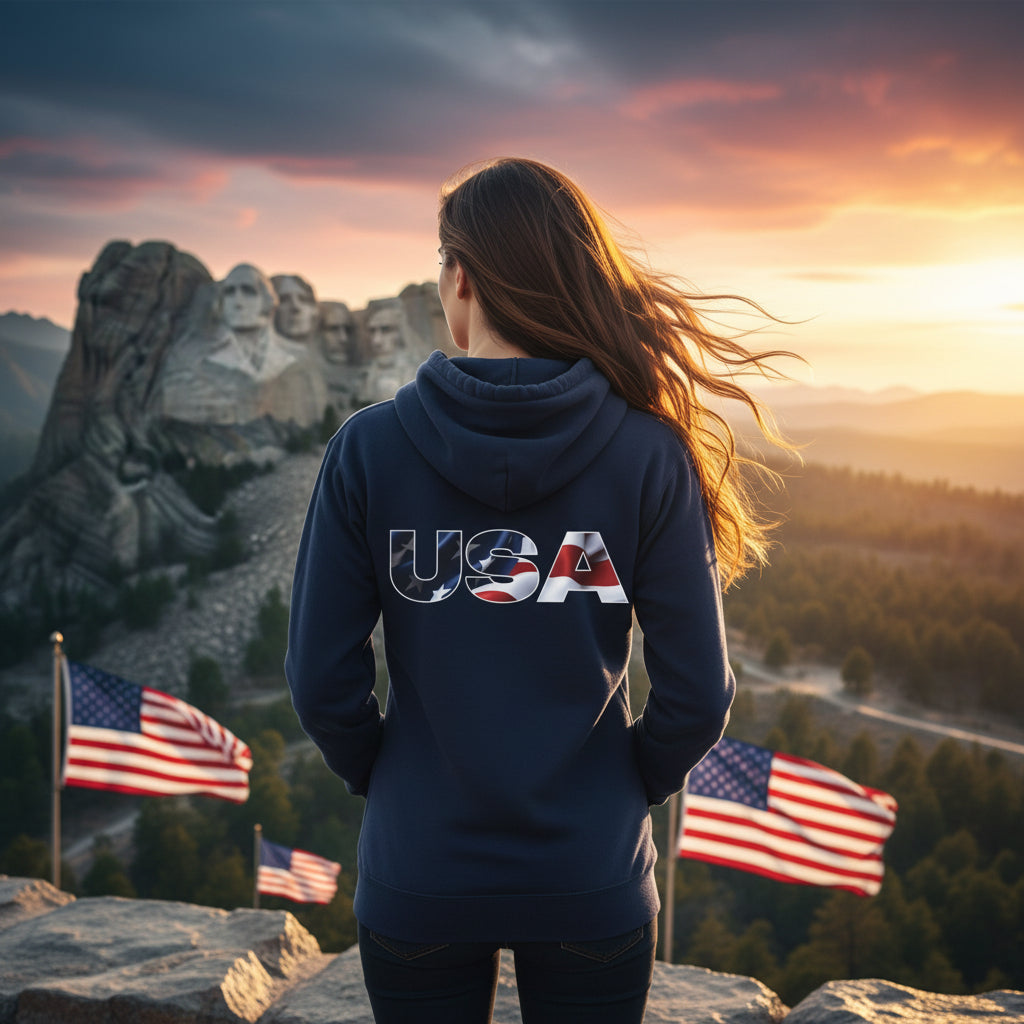 Person wearing a hoodie with 'USA' on the back, standing in front of Mount Rushmore at sunset.
