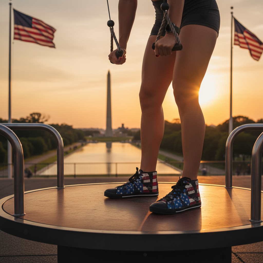 Person wearing American flag patterned high-top sneakers.