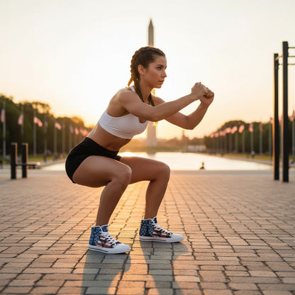 Woman performing squats outdoors wearing high-top American flag design shoes with a scenic background.