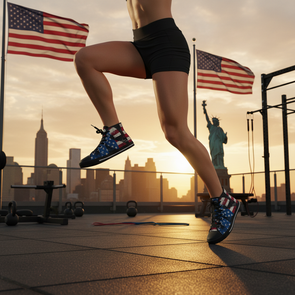 Person jumping in an outside gym with American flags and city skyline in the background.