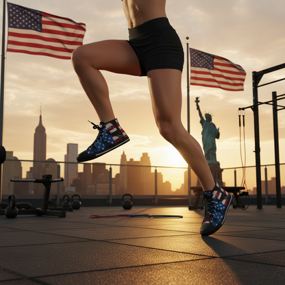 Person jumping in an outside gym with American flags and city skyline in the background.