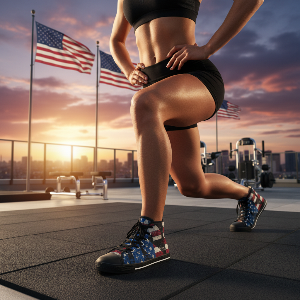 Person exercising outdoors with American flag design high-top shoes with American flags in the background.