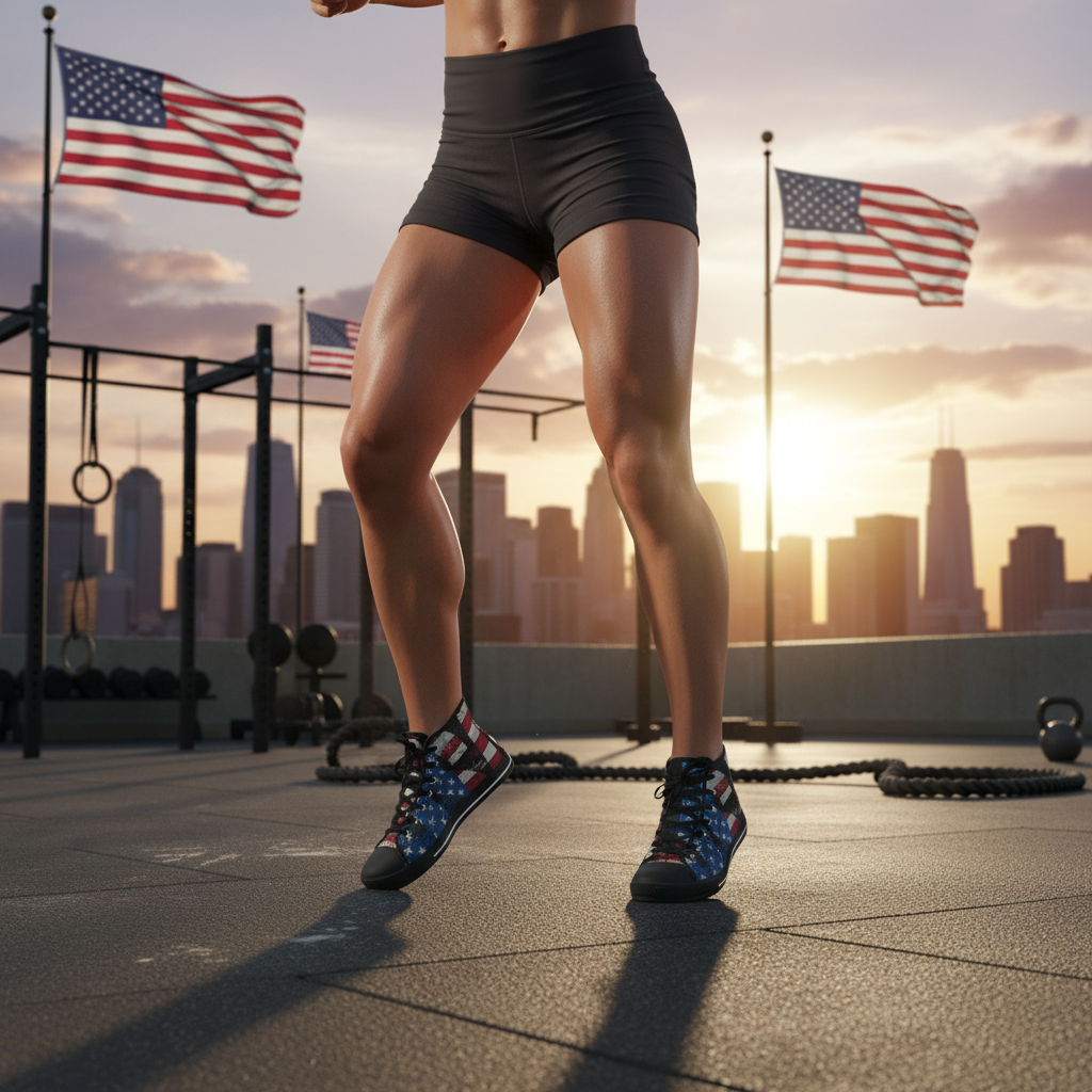 Black high-top sneakers with an American flag design worn by a person with American flags in the background.
