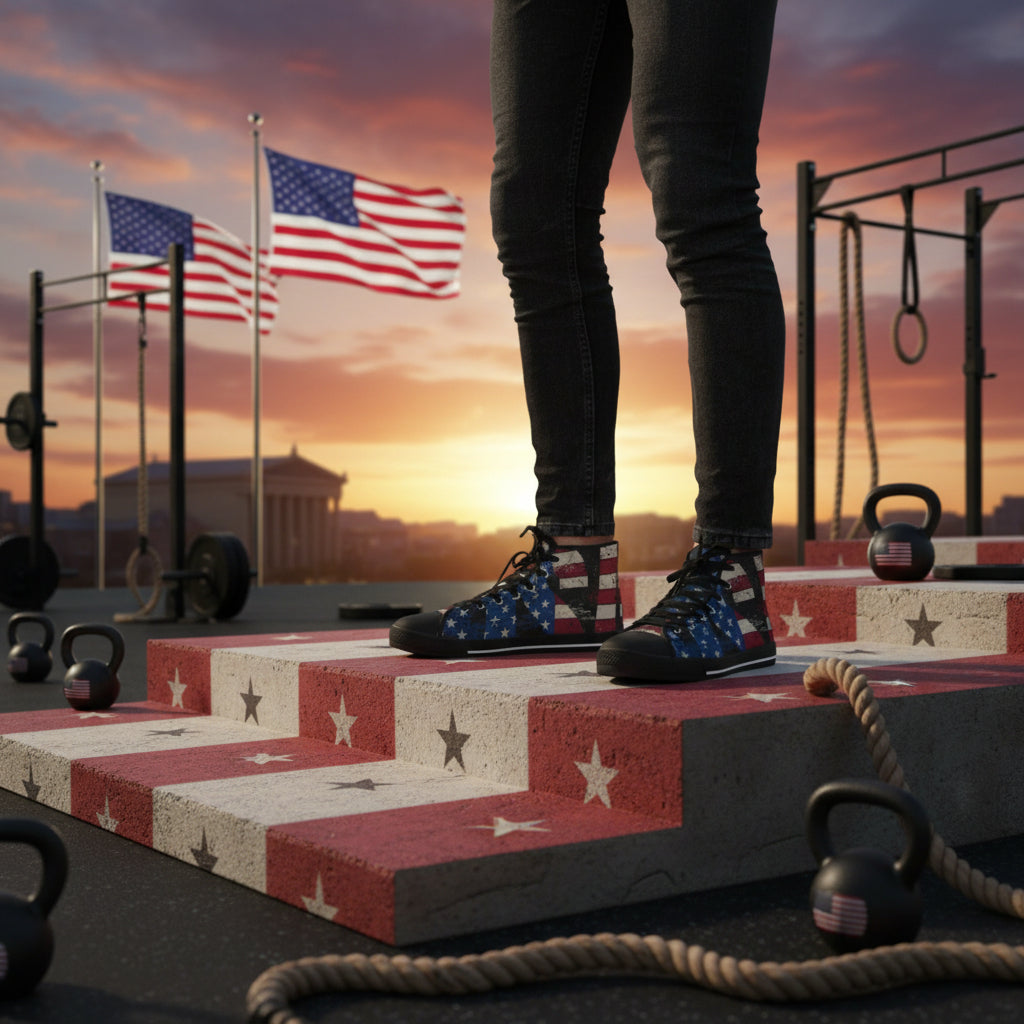 A person wearing USA red, white, and blue high-top shoes standing on an American flag platform with sunset and flags in the background.