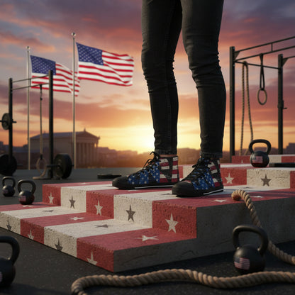 A person wearing USA red, white, and blue high-top shoes standing on an American flag platform with sunset and flags in the background.