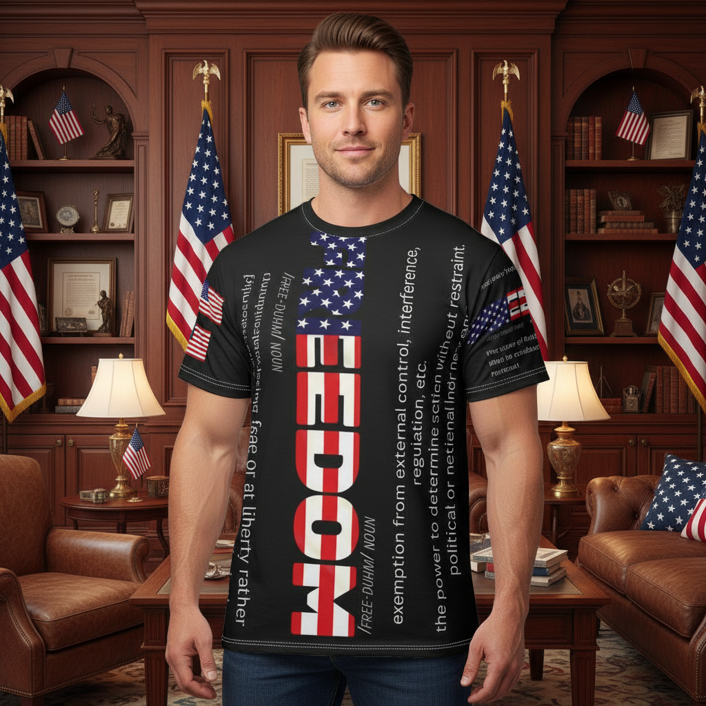 A man wearing a black t-shirt with an all-over print that includes the word 'FREEDOM' and American flag elements.
