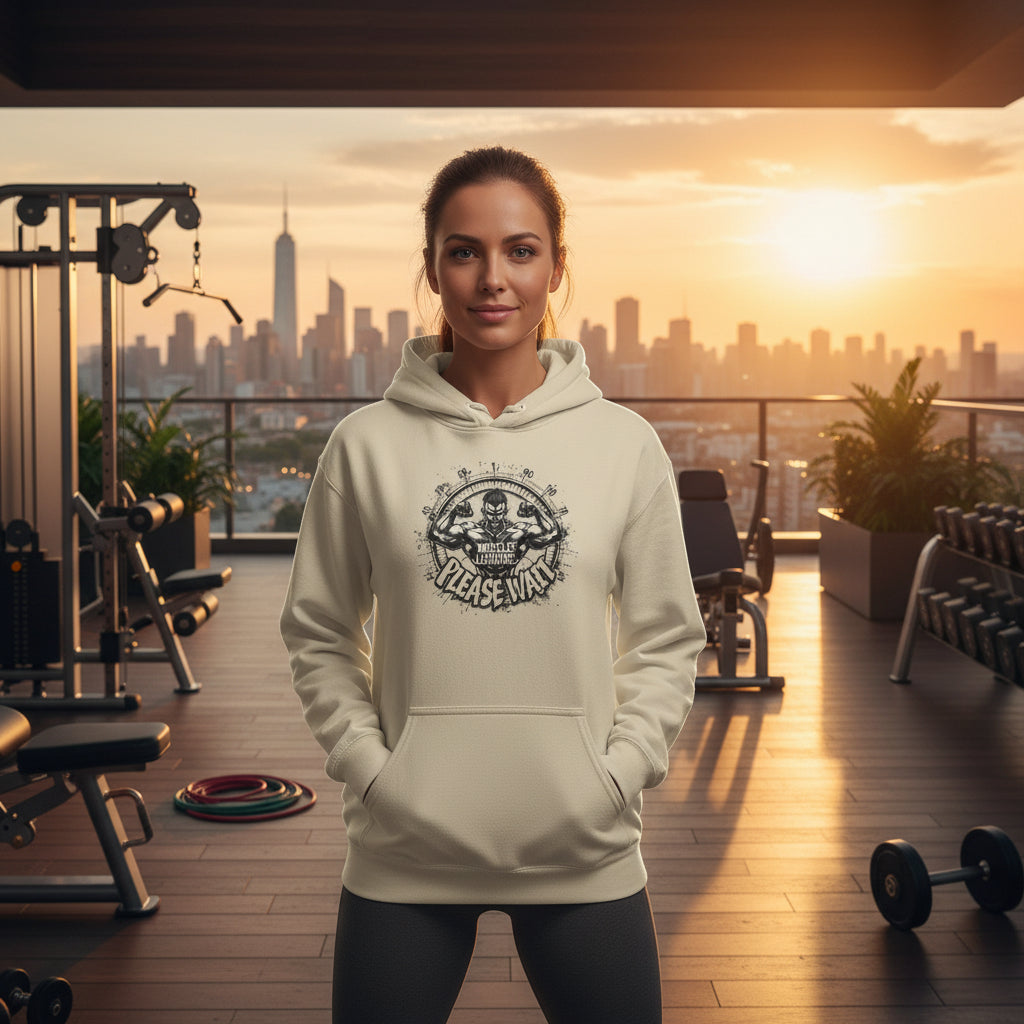 A woman is wearing a beige hoodie with a graphic design that says Muscles Loading Please Wait in a scenic outdoor gym setting.