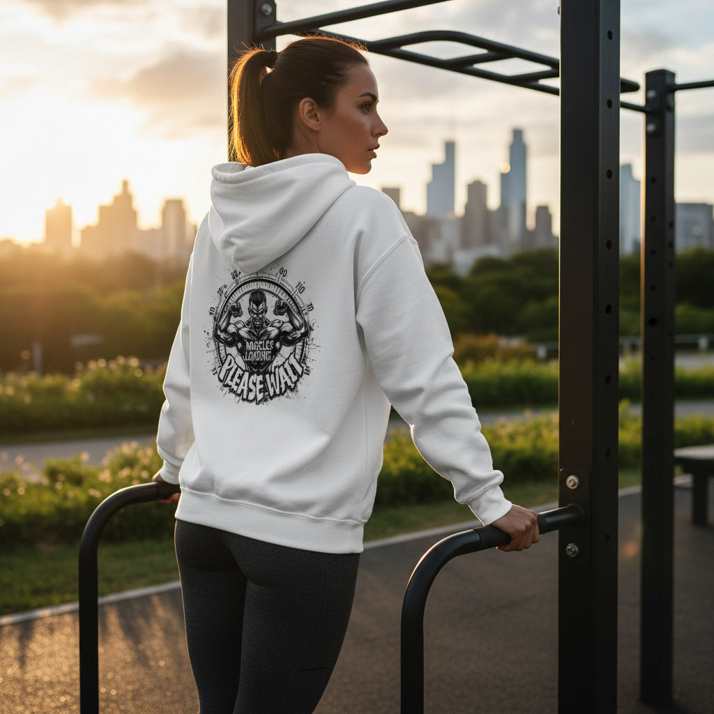 White hoodie with black graphic design on the back that says Muscles Loading Please Wait against a white background.