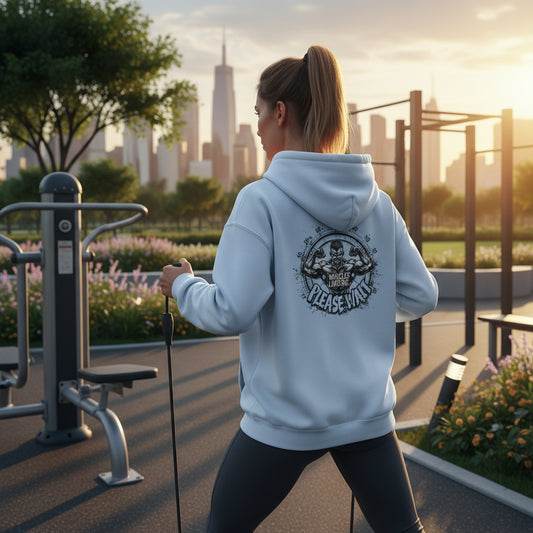 Light blue hoodie with a graphic design that says Muscles Loading Please Wait on the back against a light blue background.