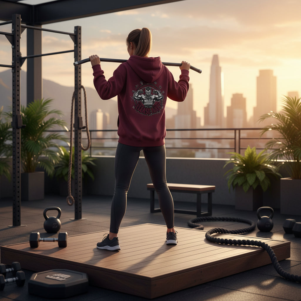 Maroon hoodie with graphic design on the back against a maroon background.