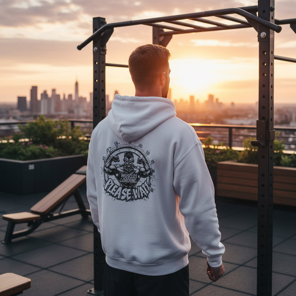 White hoodie with black graphic design on the back on a white background.