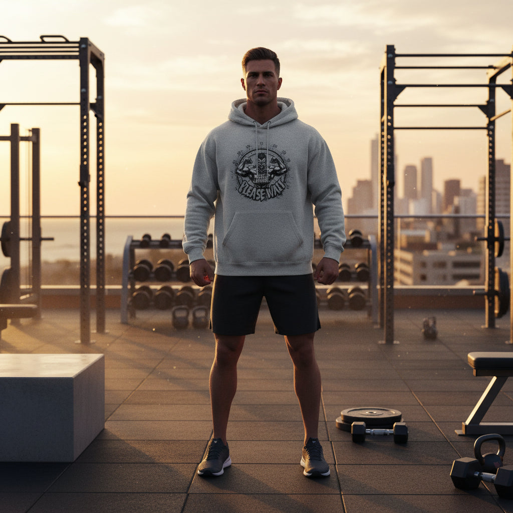 Gray hoodie with a graphic design on the back against a gray background.