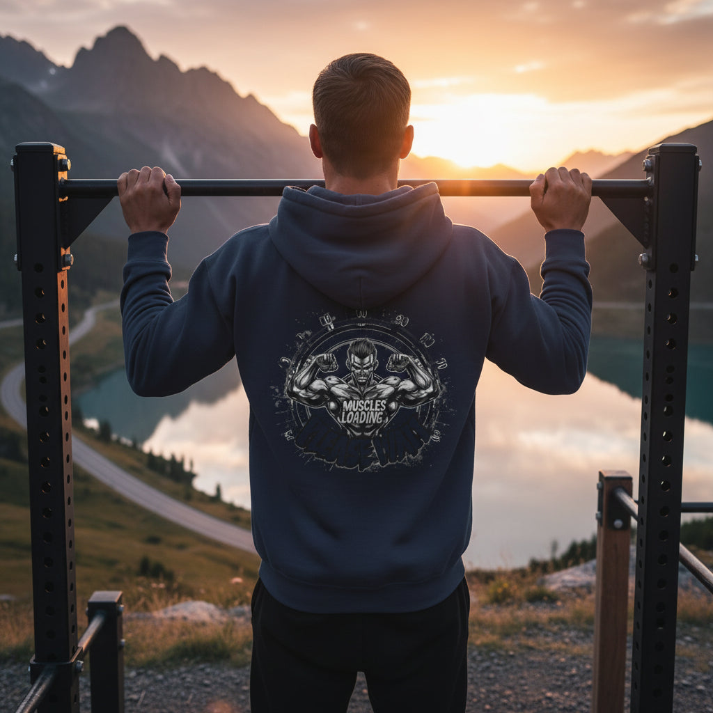 Navy blue hoodie with a graphic design on the back against a navy blue background.