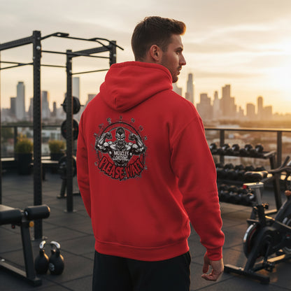 Red hoodie with graphic design on the back against a red background.