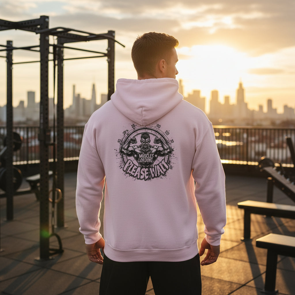 Pink hoodie with graphic design on the back against a pink background.