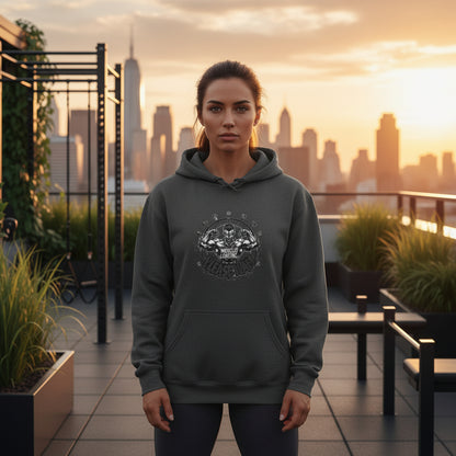 A women wearing a dark hoodie with a graphic design that says Muscles Loading Please Wait on a rooftop with city skyline in the background.