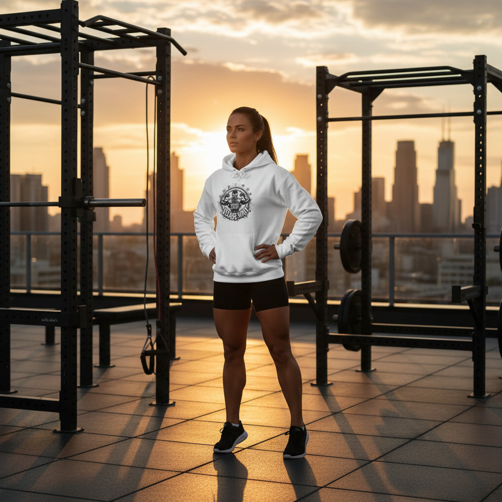 A woman wearing a white hoodie with a logo that says Muscles Loading Please Wait on a rooftop gym with a city skyline in the background.