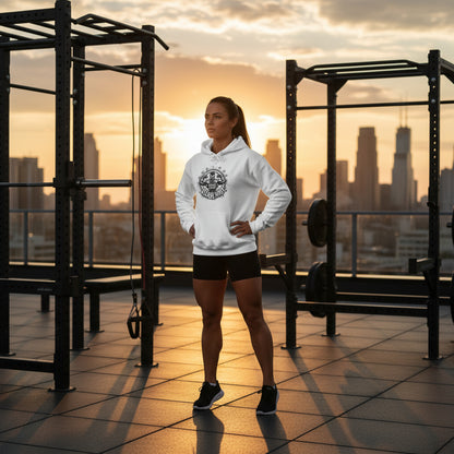 A woman wearing a white hoodie with a logo that says Muscles Loading Please Wait on a rooftop gym with a city skyline in the background.