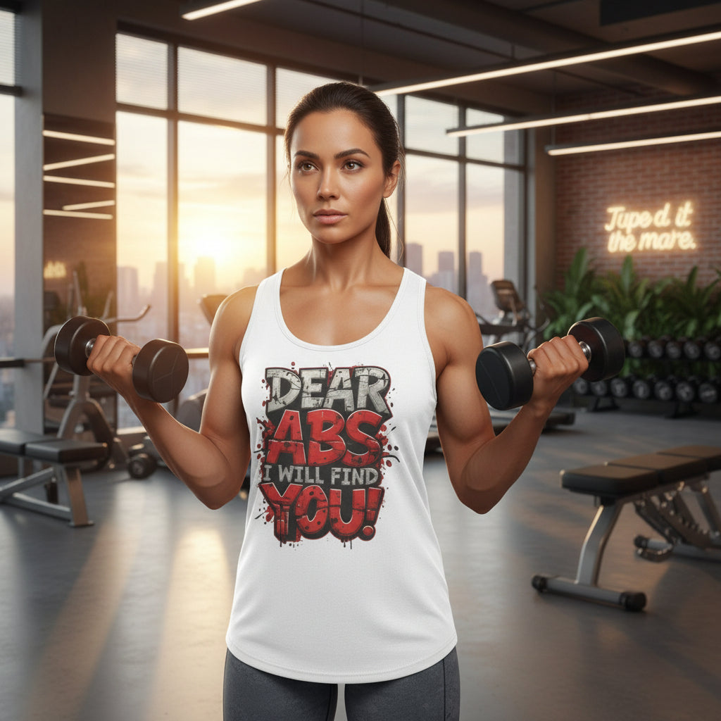 A woman exercising with dumbbells wearing a tank top with fitness-themed text that says Dear Abs I Will Find You! in a gym setting.