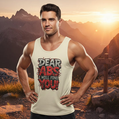 Man wearing a tank top with a humorous fitness graphic that says Dear Abs I Will Find You! in an outdoor setting.