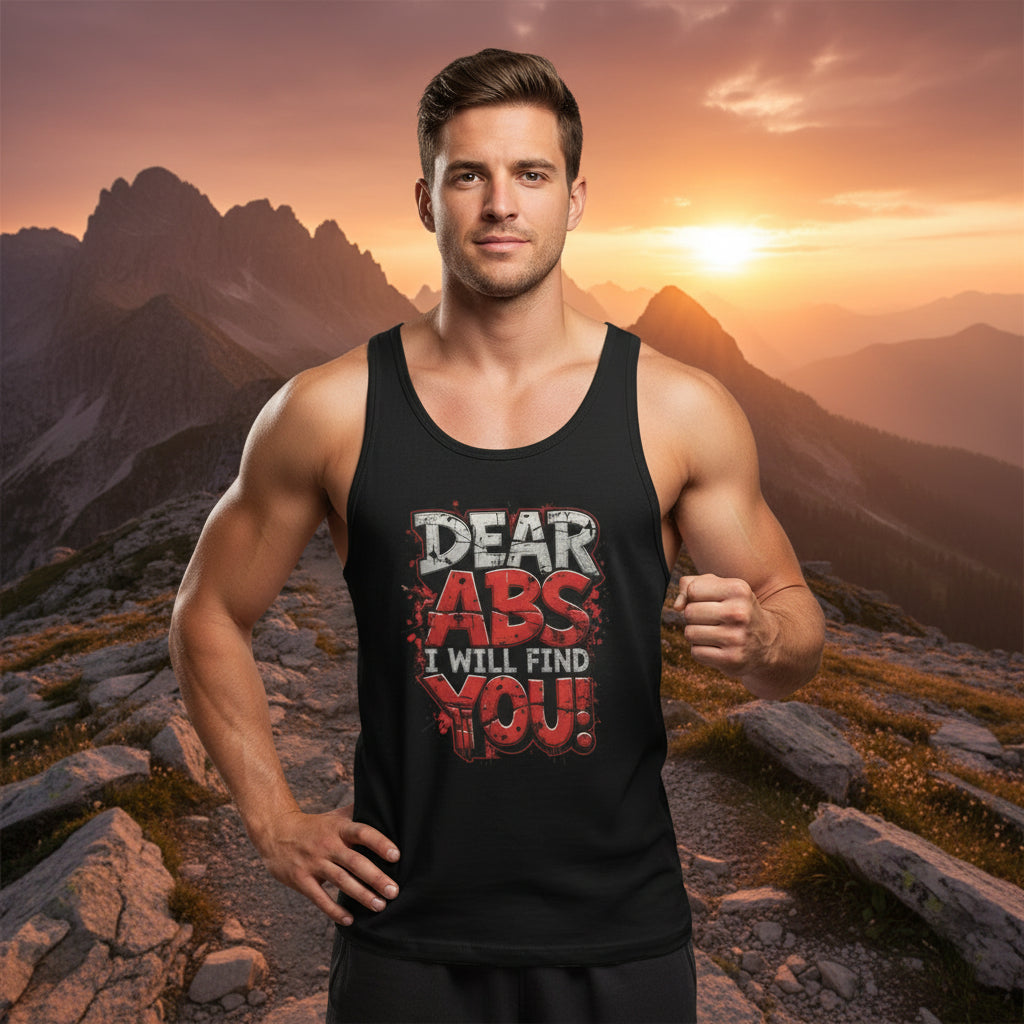 Man wearing a tank top with 'Dear Abs, I Will Find You!' text on a mountain background