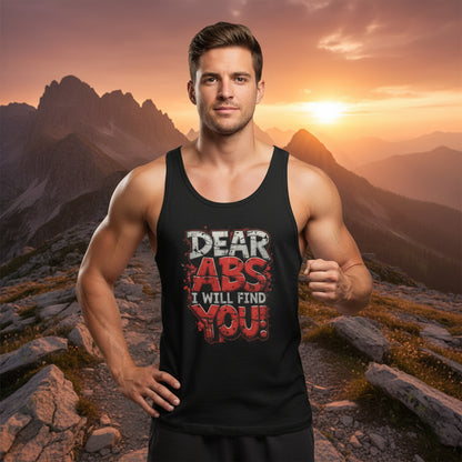 Man wearing a tank top with 'Dear Abs, I Will Find You!' text on a mountain background