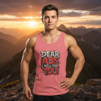 Man wearing a pink tank top that says Dear Abs I Will Find You! with a mountainous background