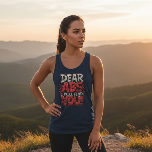 Women wearing a navy tank top with motivational text that says Dear Abs I Will Find You! in an outdoor setting.