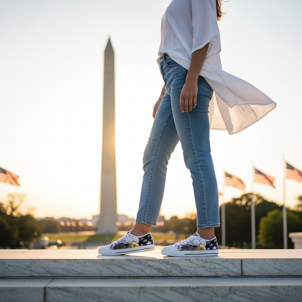 White sneakers with eagle and American flag design on a cobblestone street.