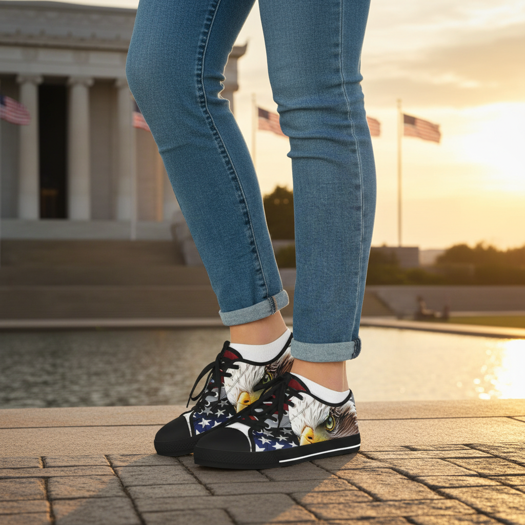 A person wearing blue jeans and black sneakers with a bald eagle American flag design on a paved walkway.