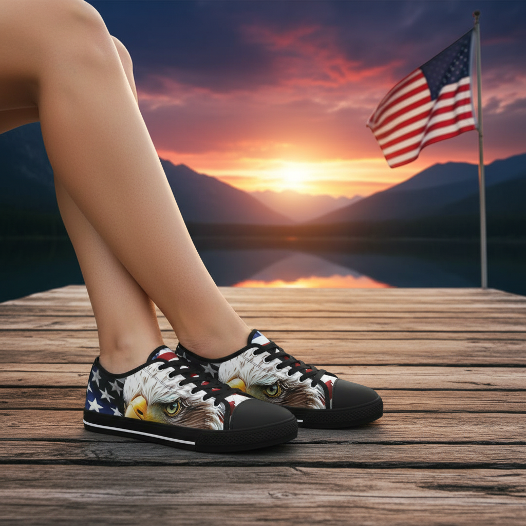 Black sneakers with a bald eagle and American flag design with an American flag sunset background.