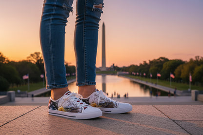 A person wearing bald eagle American flag sneakers with a colorful sole design, standing on a stone ledge with the Washington Monument in the background during sunset.