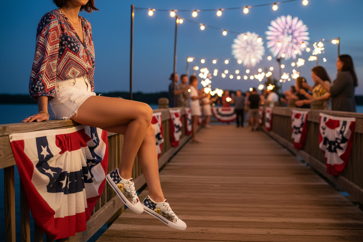 A woman sitting on a dock showing American flag bald eagle sneakers with fireworks in the background.