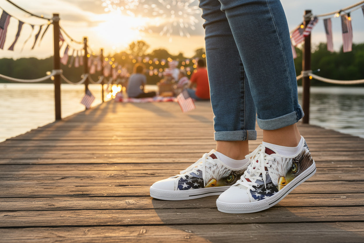 A person wearing white sneakers with an American flag bald eagle design on a wooden dock during sunset.
