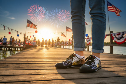 Sneakers with an eagle and American flag design worn with blue jeans with a fireworks background.