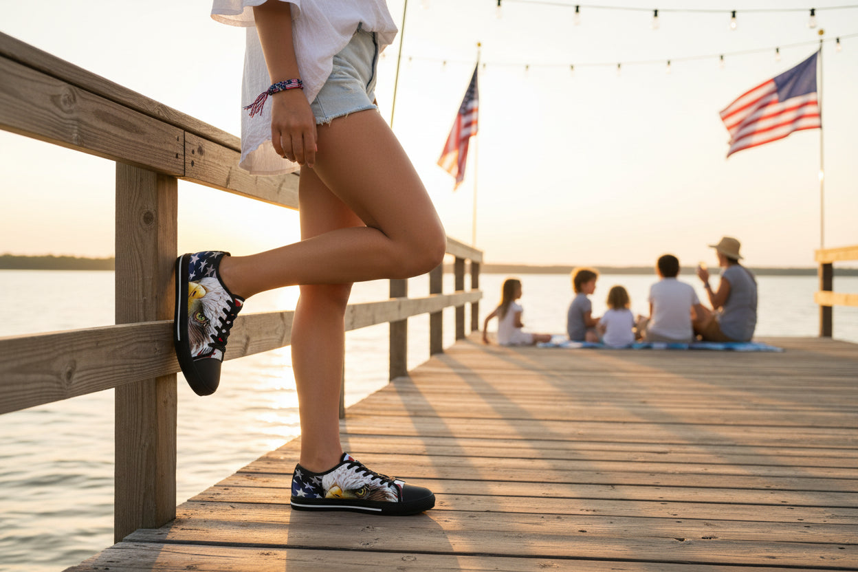 A woman standing on a wooden dock showing an American flag bald eagle sneaker design with American flags and people in the background.
