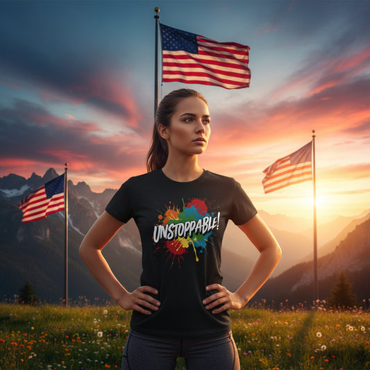 Black t-shirt with colorful design and 'UNSTOPPABLE!' text on a scenic background