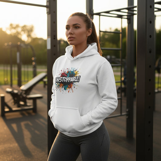 Woman wearing a white hoodie with 'Unstoppable!' design in an outdoor fitness area.
