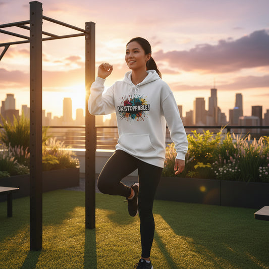 Woman in a white hoodie with colorful text with city skyline in the background.