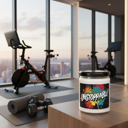 Gym interior with exercise bikes and weights, featuring a candle jar labeled 'Unstoppable!' on a wooden surface.