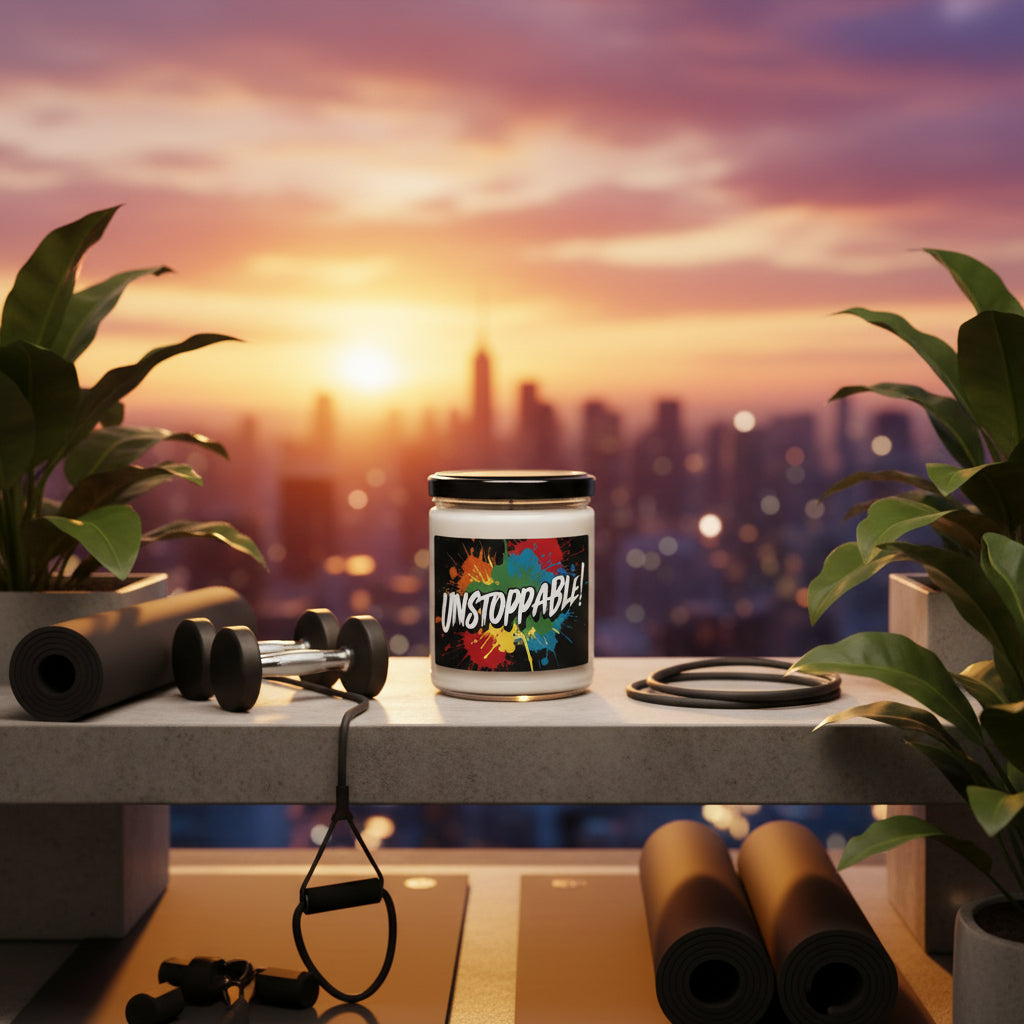 A scented soy candle with a colorful print design on the label, featuring the word 'UNSTOPPABLE'.