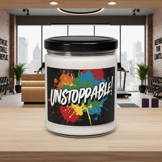 A scented soy candle with a colorful print design on the label, featuring the word 'UNSTOPPABLE'.