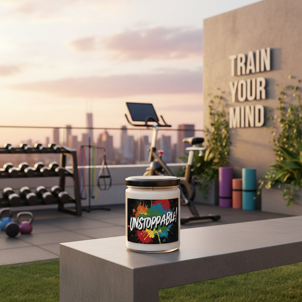 A scented soy candle with a colorful print design on the label, featuring the word 'UNSTOPPABLE'.