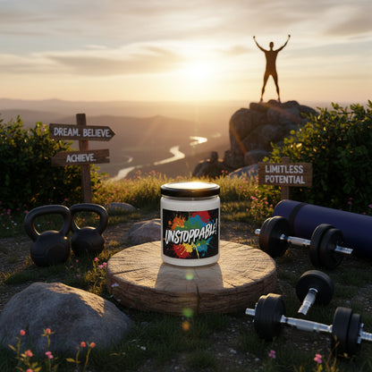 A scented soy candle with a colorful print design on the label, featuring the word 'UNSTOPPABLE'.