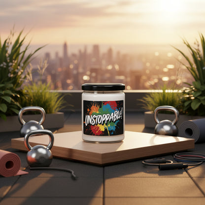 A scented soy candle with a colorful print design on the label, featuring the word 'UNSTOPPABLE'.