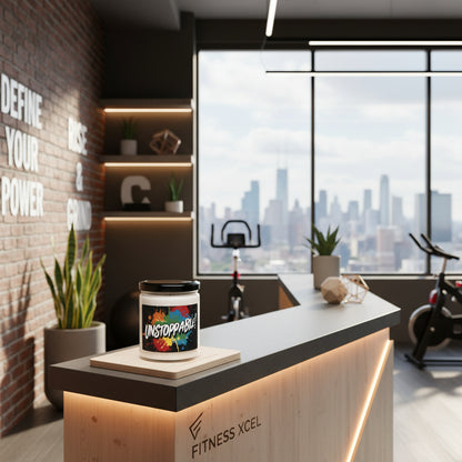 A scented soy candle with a colorful print design on the label, featuring the word 'UNSTOPPABLE'.