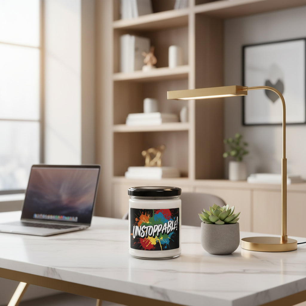 Desk setup with a laptop, candle labeled 'Unstoppable', and a lamp in a home office.
