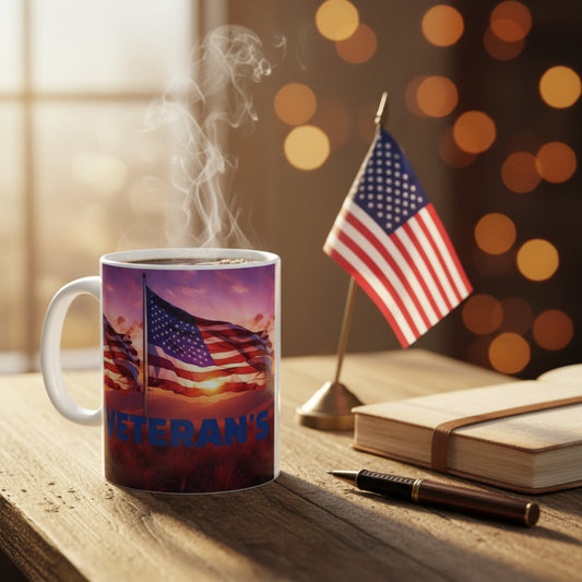 Mug with American flag design and 'VETERAN'S' text on a wooden surface with an American flag.