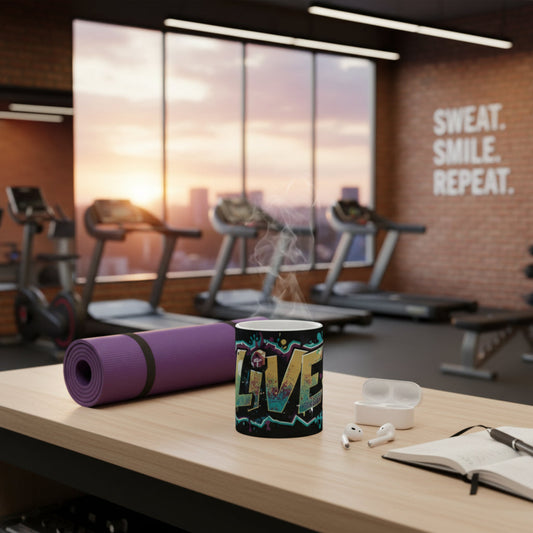 Mug with 'LIVE' design on a gym table with exercise equipment in the background